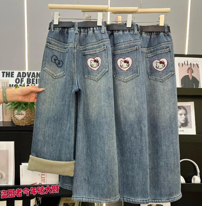 【加绒】女童可爱Kitty猫牛仔加绒阔腿裤中大童休闲裤11511
