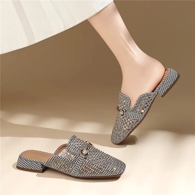 2025夏新款网面方头镂空金属扣半拖鞋女外穿韩版水钻千鸟格穆勒鞋