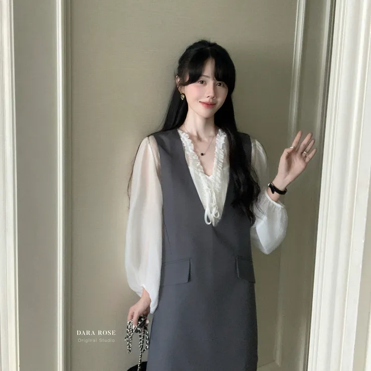 DARA ROSE-边绑带v领长袖衬衫法式宽松衬衣温柔百搭上衣小衫