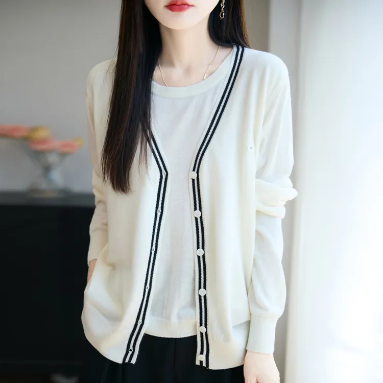 简约V领假两件针织开衫针织衫外套秋季毛衣显瘦女装批发