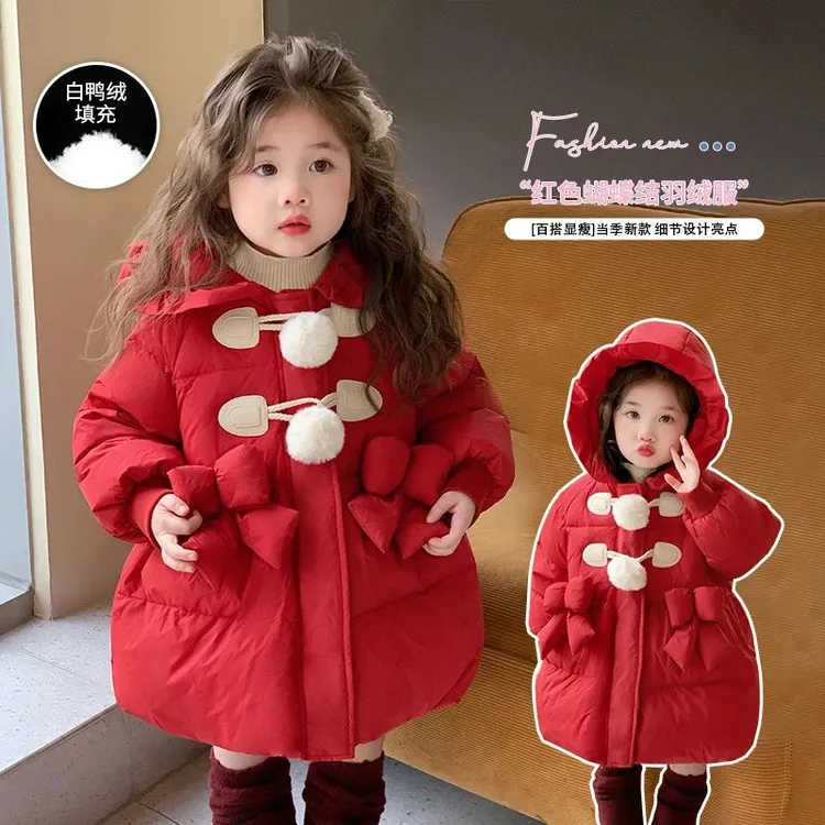 女童羽绒服红色年服中长款冬季女宝小女孩加厚保暖外套白鸭绒冬装