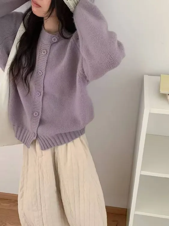 圆领毛衣女款2025新款秋冬外套宽松慵懒风韩版加厚针织衫开衫上衣