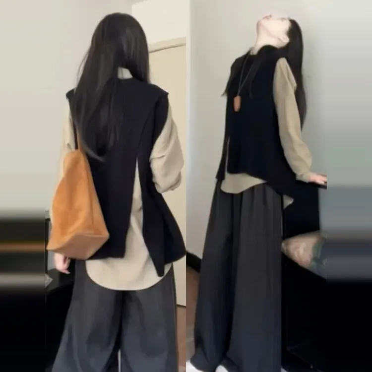 日系氛围休闲通勤套装女秋季2025新款高级感学院风马甲衬衫一整套