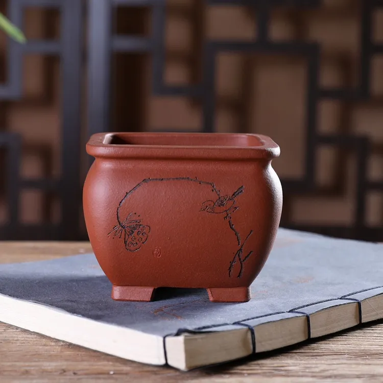 『束口正方中』暖暖精选紫砂花盆手工小号桌面绿植盆栽菖蒲竹
