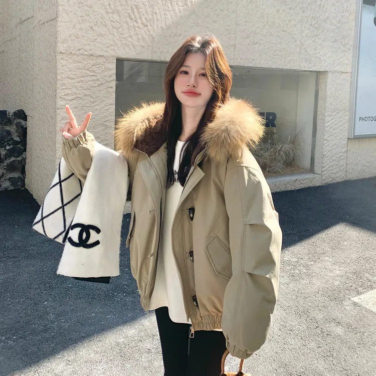 卡其色大毛领工装羽绒服女2025冬季新款休闲小个子羽绒内胆派克服