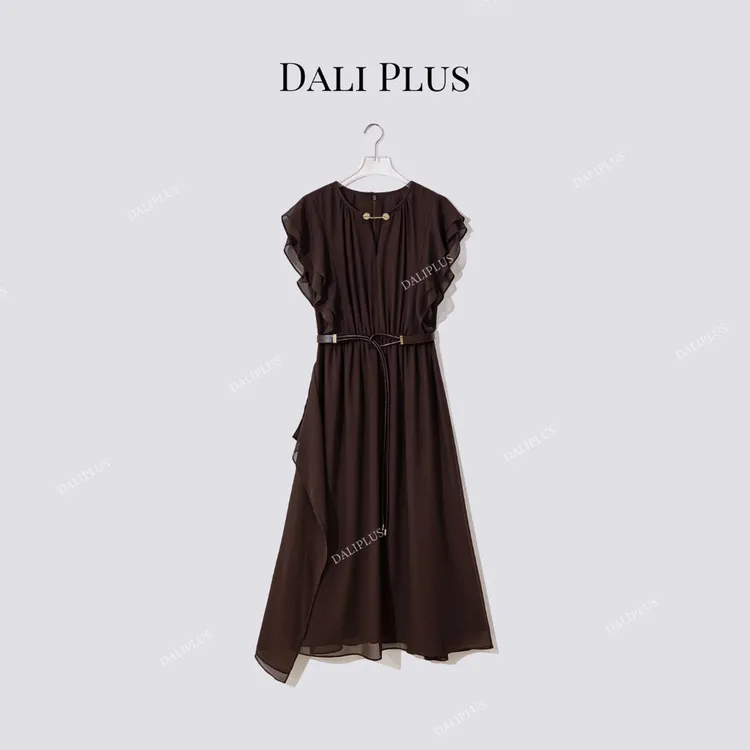 DALI PLUS“金币V领连衣裙”咖色真皮腰带收腰连衣裙-D5ST1294
