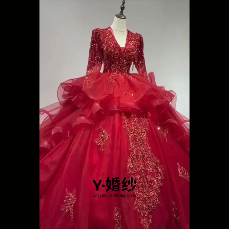 女拖尾裙圆领短裙摆有袖披肩婚纱长拖尾裙蕾丝酒红色83