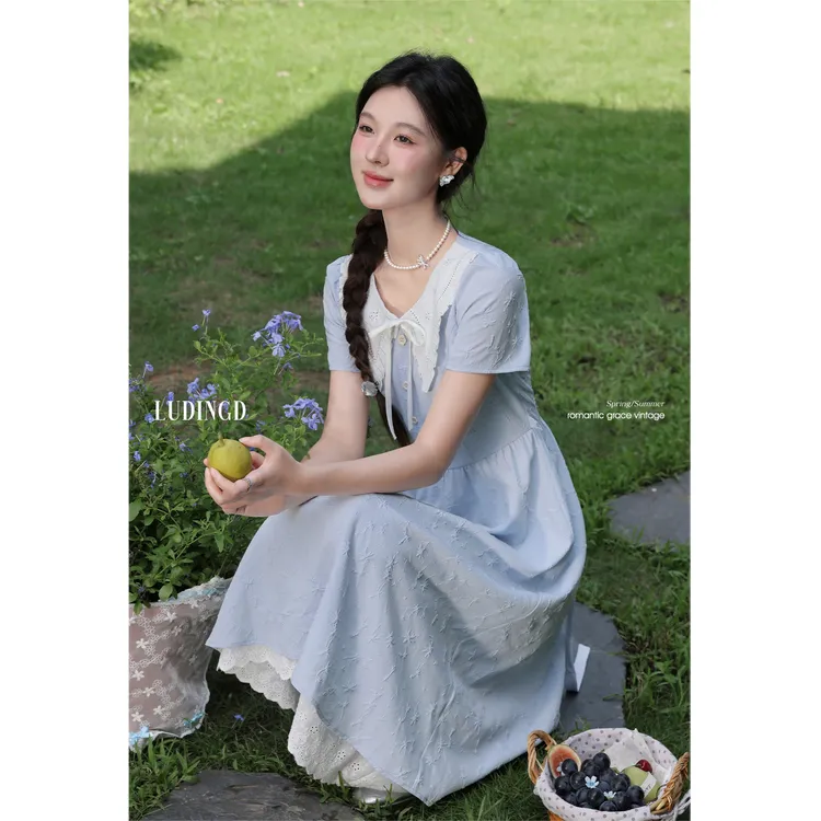 鹿盯盯微胖大码女装胖mm蓝色翻领短袖连衣裙女夏季显瘦a字裙裙子