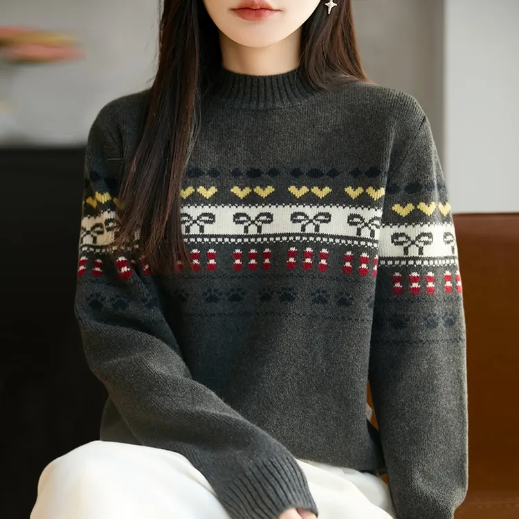 秋冬大码复古提花圆领针织衫女宽松显瘦洋气毛衣百搭半高领打底衫