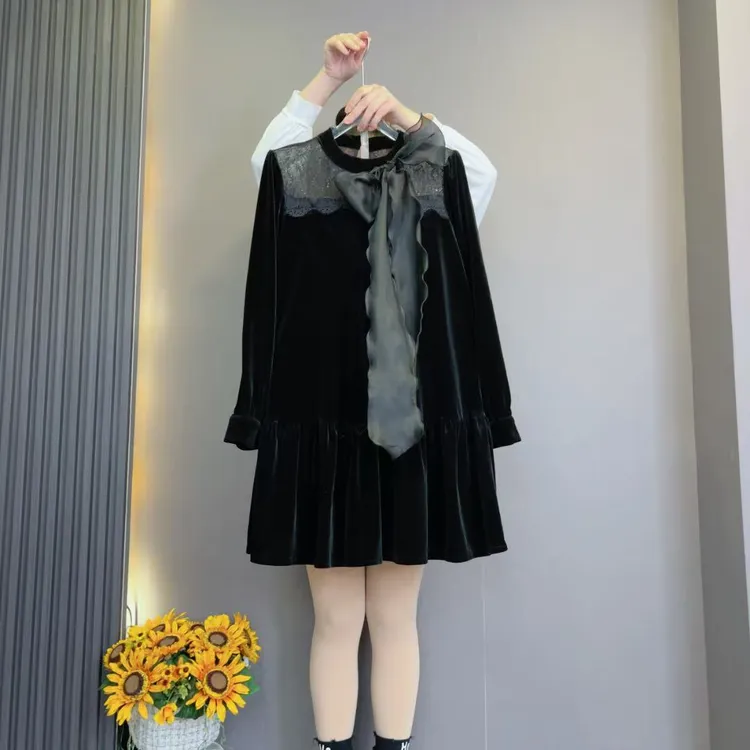 1831欧洲站时尚气质蝴蝶结设计拼接连衣裙显瘦小黑裙（衣长85）