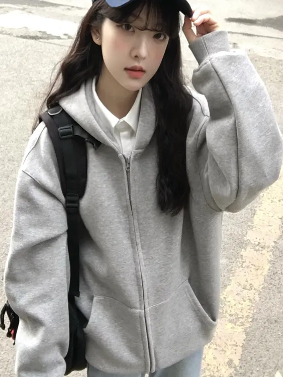 美式学院风休闲灰色连帽卫衣外套女宽松慵懒2025新款拉链开衫上衣