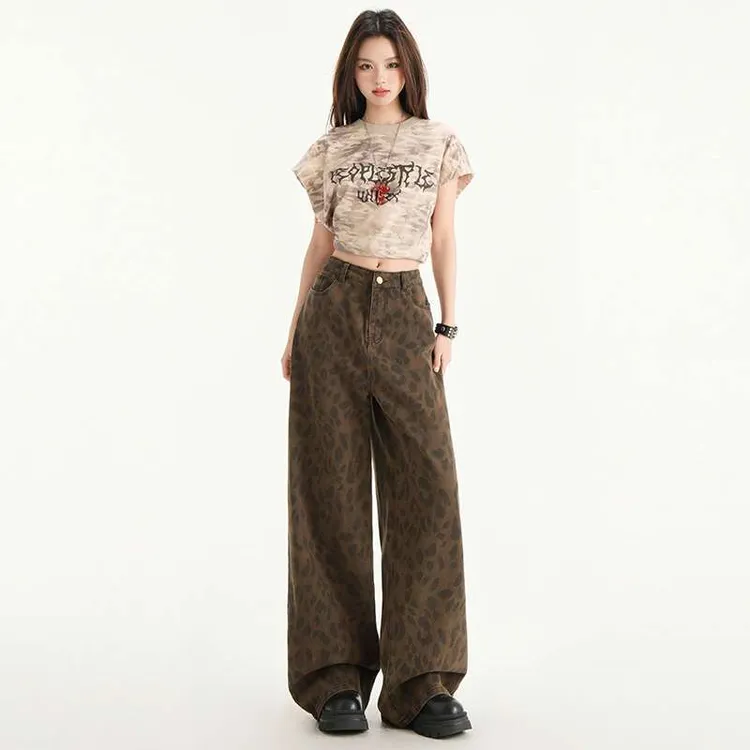 包邮美式复古水洗豹纹牛仔裤女宽松显瘦拖地裤休闲裤长裤子