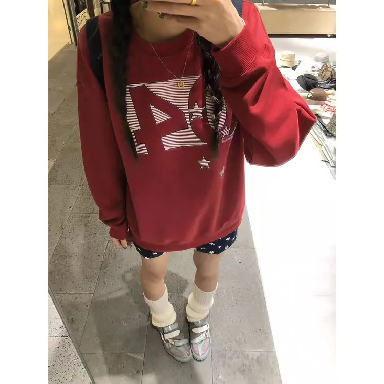 YWBY秋冬加绒加厚圆领卫衣美式慵懒学院风秋冬季宽松潮流休闲女装