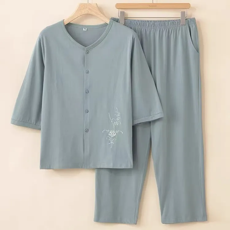 大码中老年人女妈妈七分袖九分裤套装纯棉睡衣奶奶汗衫全棉家居服