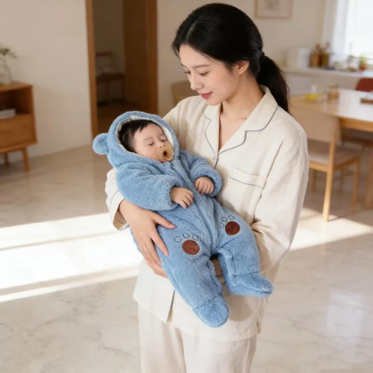 婴幼儿超萌小熊冬款加厚夹棉连脚棉衣宝宝爬服哈衣外出棉服连体衣