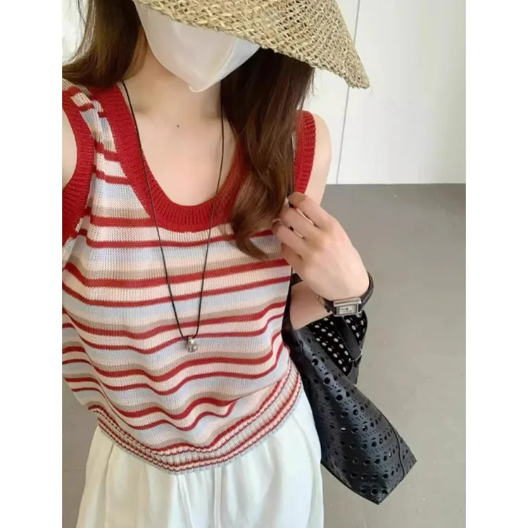 红色条纹u领背心吊带女夏季外穿设计感宽松短款针织衫无袖上衣薄