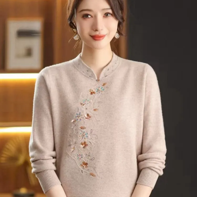 【100%绵羊毛】秋冬新款旗袍领羊毛刺绣打底毛衣针织打底衫