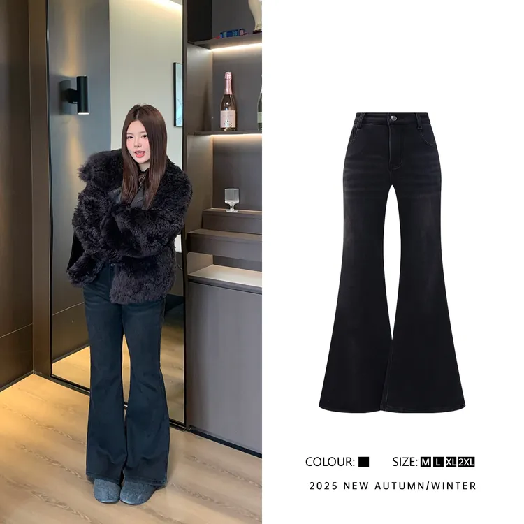 王葡萄微胖mm牛仔喇叭裤新款美式复古气质辣妹显瘦加绒长裤DM1400