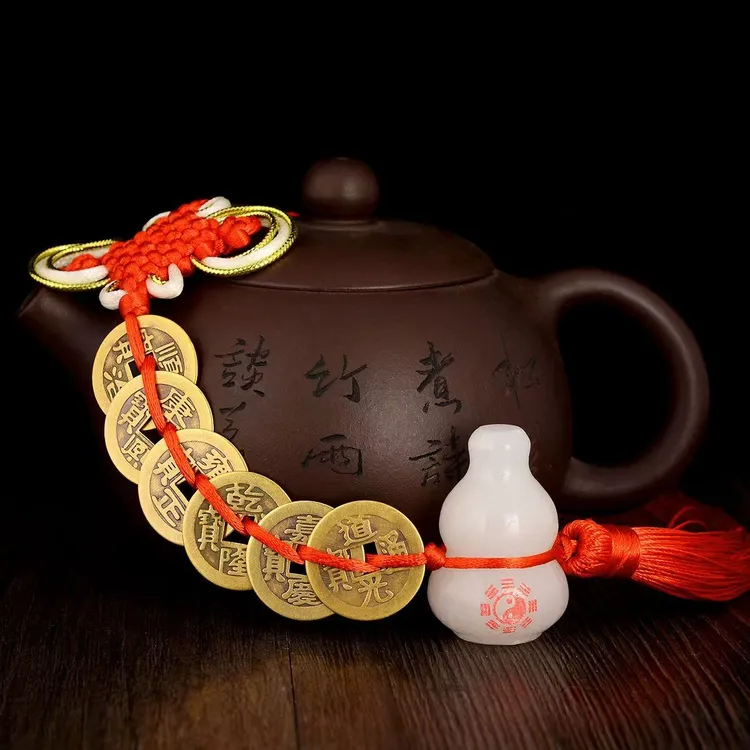 真品五帝钱配白玉葫芦安宅开口大号加厚铜钱挂件