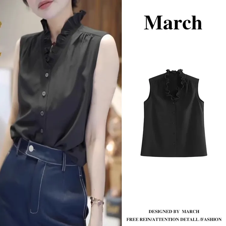 设计感欧若风木耳边无袖衬衫时尚舒适百搭叠穿别致洋气小衫11317