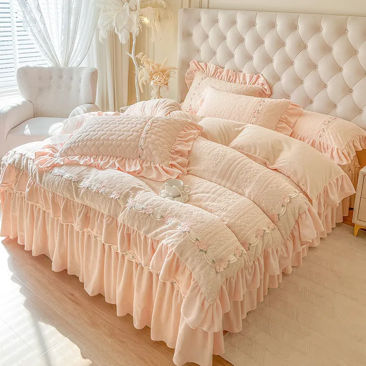 法式A类雕花牛奶绒床裙款四件套2025新款冬季加厚珊瑚绒床单被套4