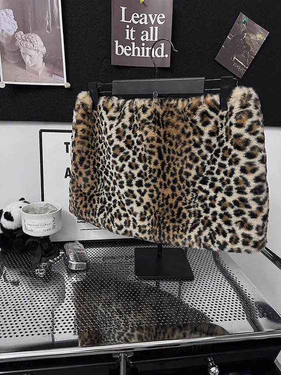 野性魅力 豹纹毛绒半身裙女性感辣妹气质修身弹力腰低腰包臀短裙