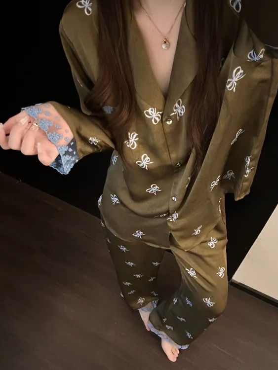 法式高级感蝴蝶结印花冰丝睡衣套装女2025夏季休闲大码睡衣女款