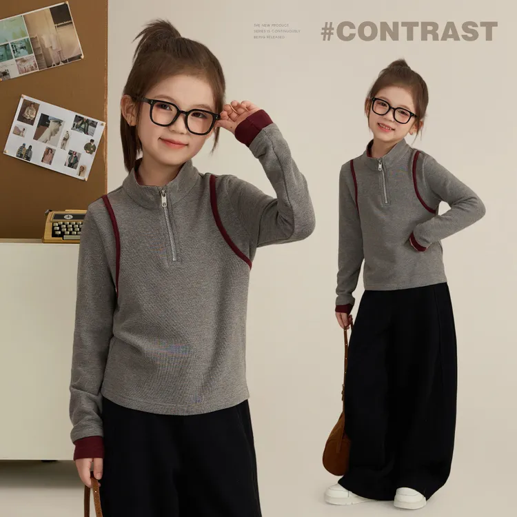 辰辰妈【倒带】女童撞色抓绒立领T恤2025秋冬女童保暖长袖上衣9226X