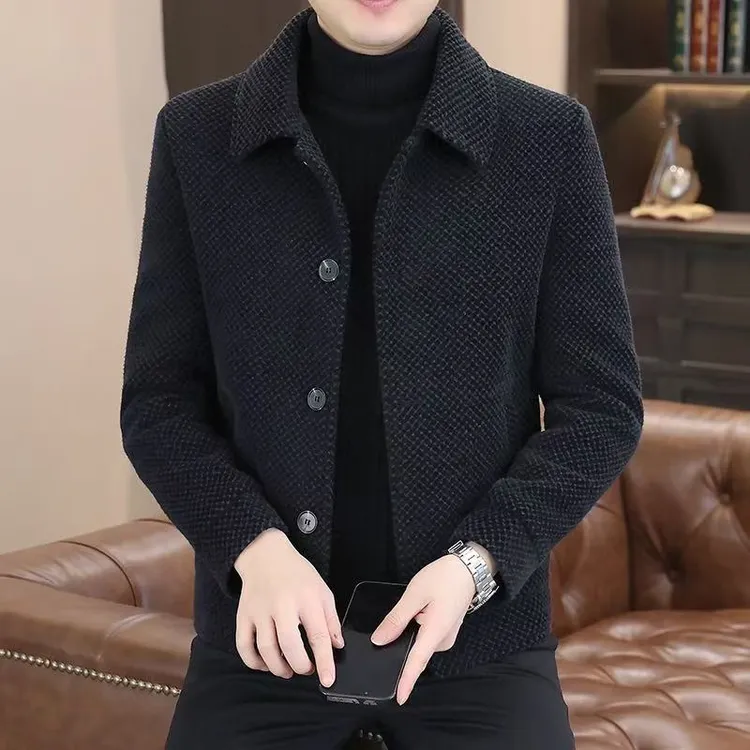高档毛呢外套男短款翻领格子加厚男士夹克韩版潮流男装风衣秋冬季