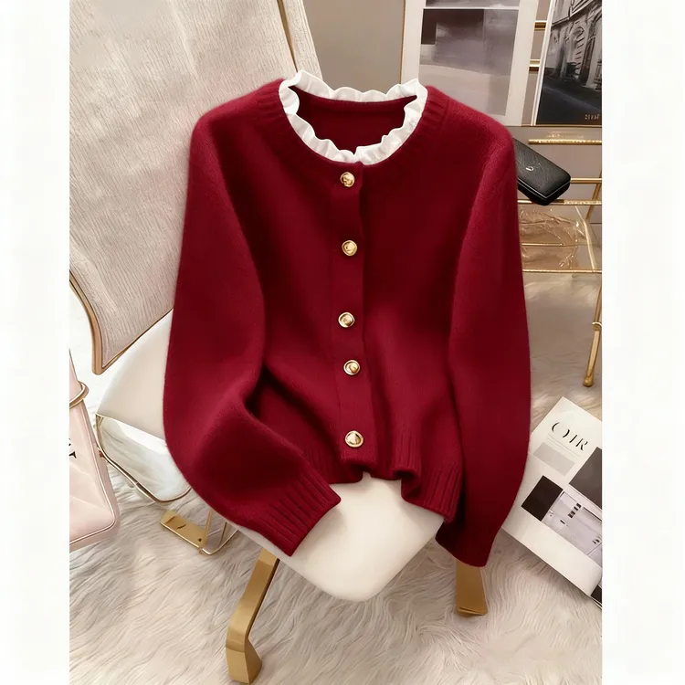秋季韩系穿搭设计感小众长袖针织衫女高级感小香风酒红色毛衣上衣