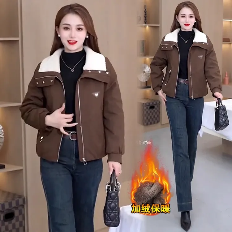 加绒加厚时尚短外套女2025冬季新款洋气宽松显瘦保暖翻领派克棉服
