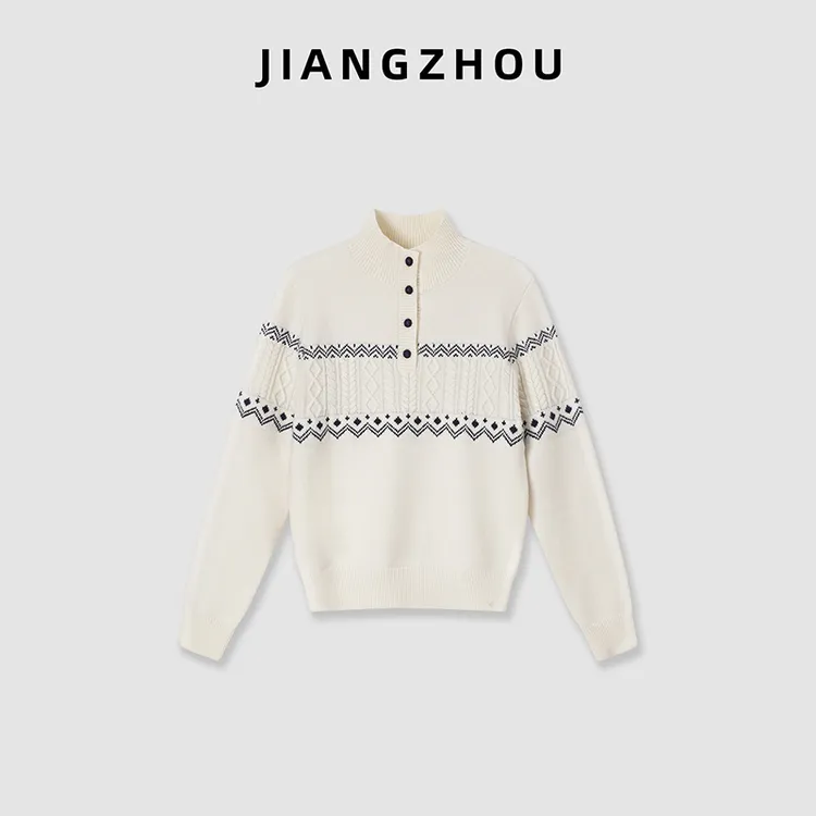 江洲【云织】秋冬菱格麻花半高领套头毛衣纽扣绒感保暖百搭毛衣上衣