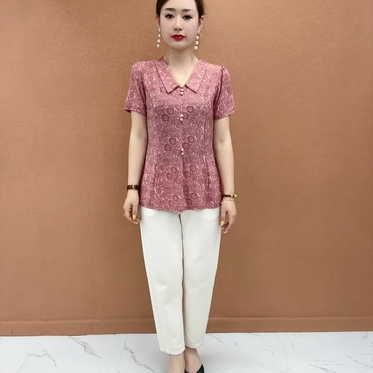 洋气时尚休闲夏季50-60岁中老年女装妈妈装复古宽松上衣t恤女
