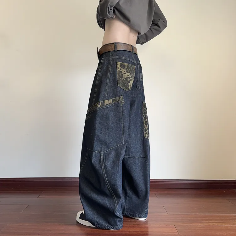 春秋美式豹纹拼接大口袋工装牛仔裤休闲男女新款宽松阔腿拖地裤子