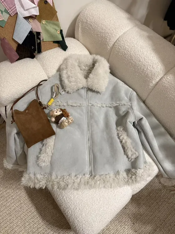 仿羔毛外套女2025冬季短款小个子机车服加厚上衣-385