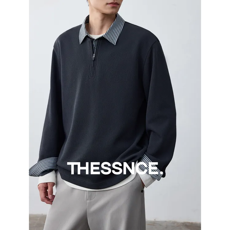 THESSNCE 立体链条纹理解构假两件衬衫卫衣男