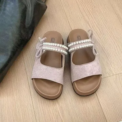 2024甜美珍珠蝴蝶结平底套趾一字拖夏季新款沙滩外穿勃肯凉拖鞋女