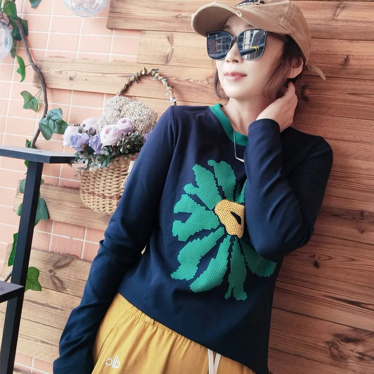 精梳棉高弹力长袖T恤女泡胶工艺修身显瘦袖口领口撞色休闲上衣
