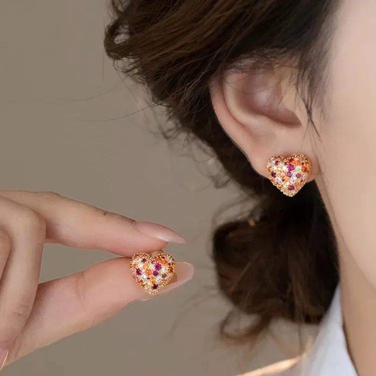 铜合金合金耳饰 铜合金耳饰彩色红爱心爆闪新娘轻奢时尚耳夹