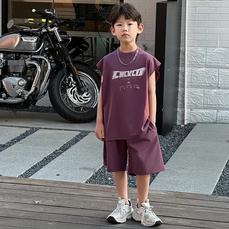 男童夏款韩版2025新款印花运动背心套装