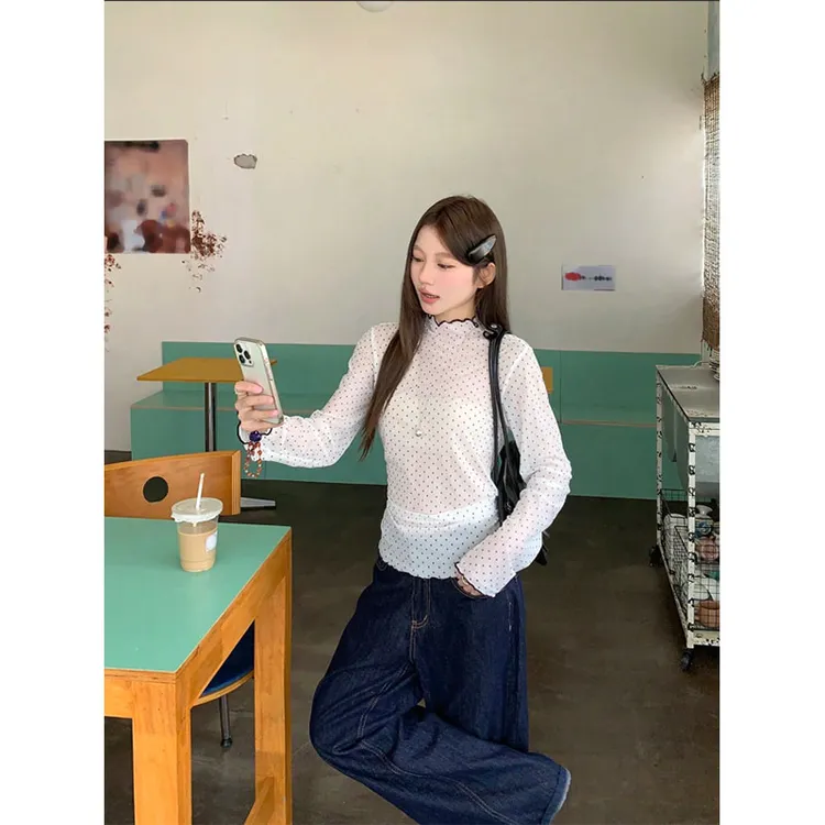 白色波点长袖t恤女春秋季新款韩版修身小个子时尚洋气打底衫上衣