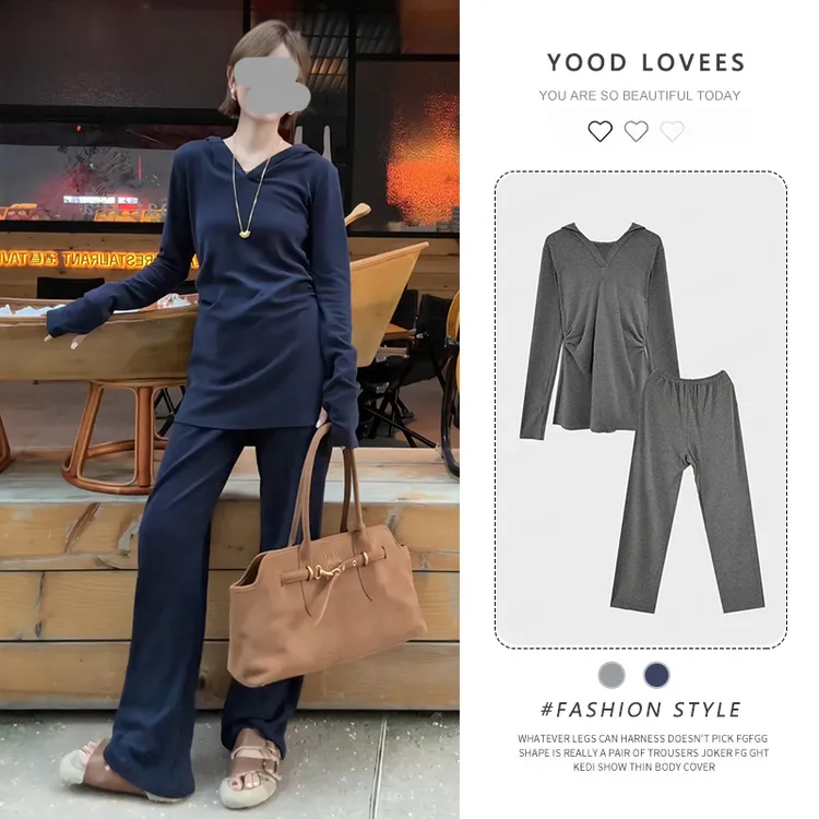 2026年春秋新款藏青色连帽修身套头开叉上衣修身显瘦休闲裤套装女