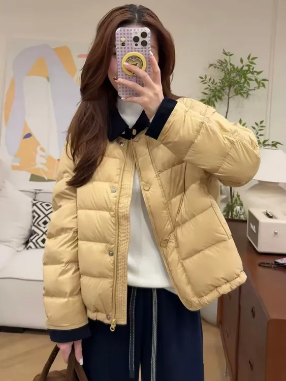 撞色翻领短款羽绒服女2025冬季新款高级感小个子白鸭绒保暖面包服