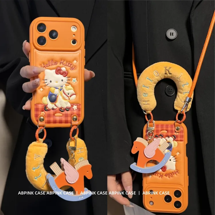 可爱卡通骑马KT猫橙色压印皮纹适用iPhone17ProMax苹果16手机壳15