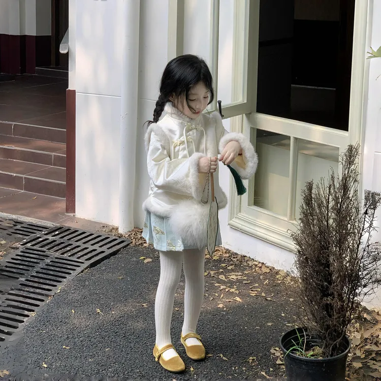未未家 秋冬女童新中式中国风大小姐气提花夹棉外套半裙套装