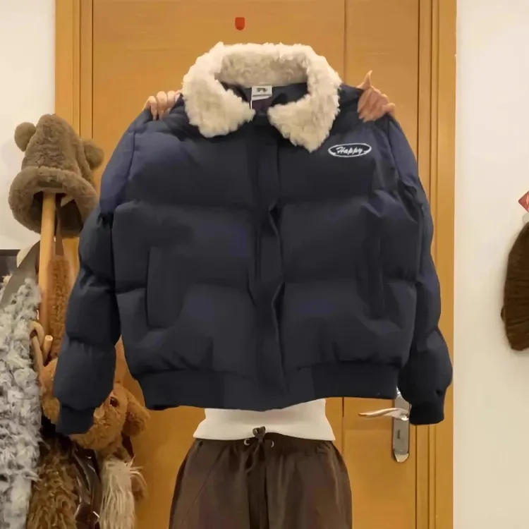 美式国潮街头翻领小个子棉服女短款2025冬新款加绒学生棉衣外套