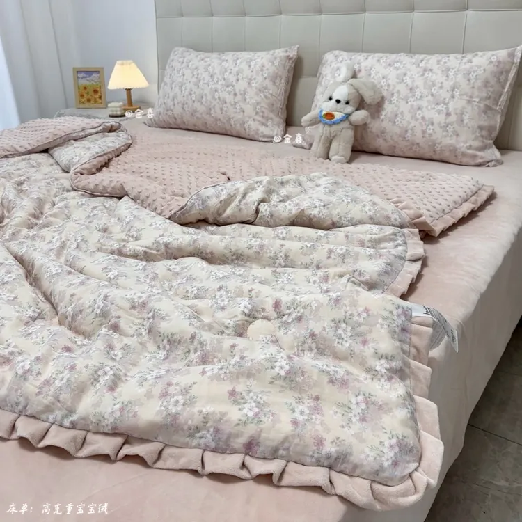 母婴A类全棉双层纱豆豆绒被加厚可机洗亲肤柔软春秋被冬被