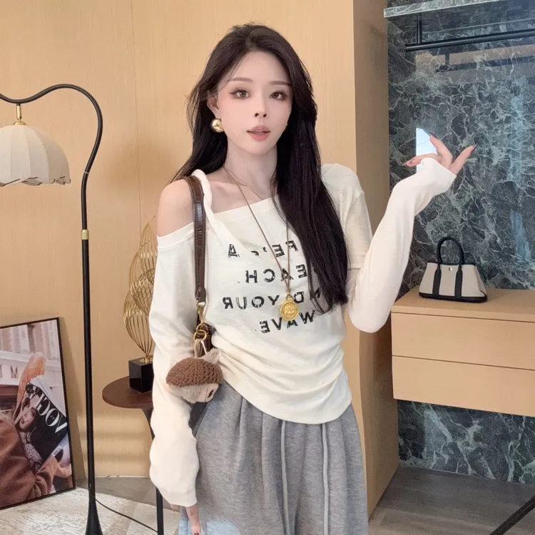 【晓溪服饰】字母通勤短款常规款速干拼接薄款显瘦ins长袖T恤6551