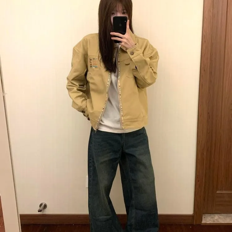 春秋季美式复古字母刺绣工装外套小众设计感情侣百搭宽松夹克潮流