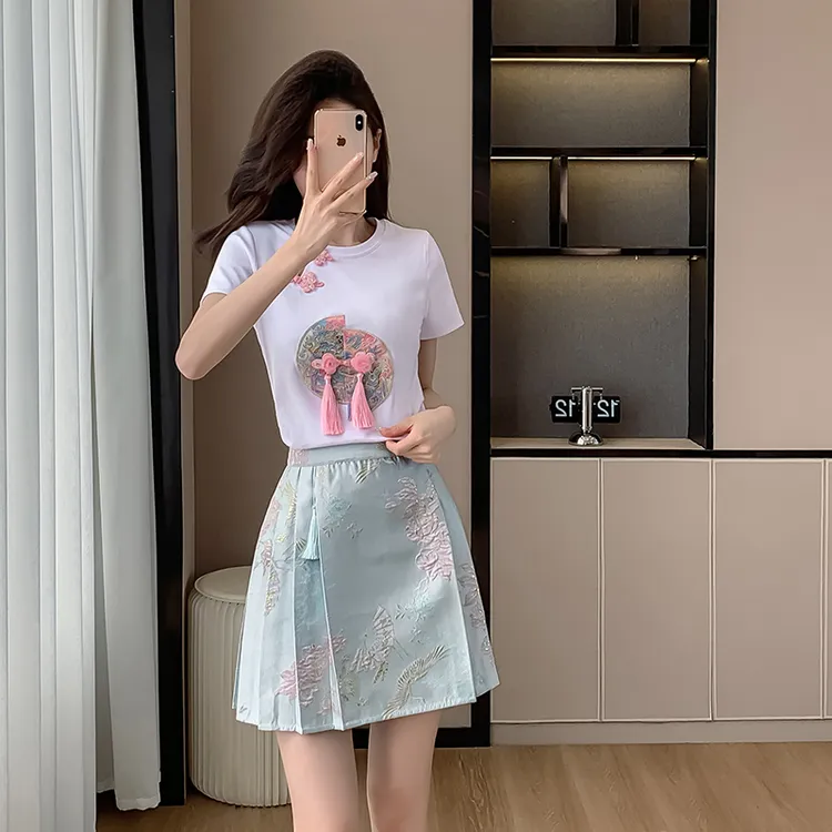 夏季新中式套装半身裙女小个子气质减龄白色T国风搭配马面裙套装